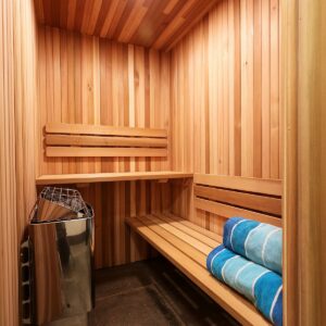 Cozy cedar wet sauna build in ski chalet created by Kelowna & Big White Custom home design builder designer