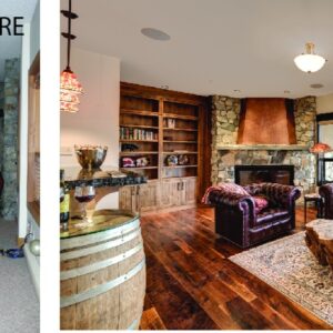 Rock fireplace with copper hood feature designed by Kelowna & Big White Custom home designer