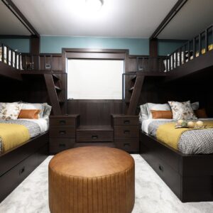 Modern wood bunk beds with storage built by Big White custom home builder & Kelowna custom home builder designer