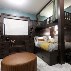 Double wood bunk beds with storage built by Big White chalet builder Kelowna custom home builder designer