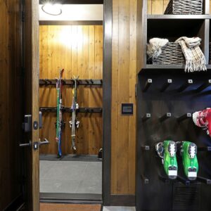 Custom designed boot room in ski chalet created by Kelowna & Big White Custom home design builder