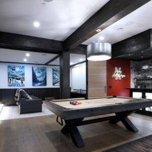 Custom designed home theatre & games room in ski chalet created by Kelowna & Big White Custom home builder designer