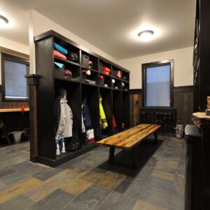Custom designed bootroom w tuning bench created by Kelowna & Big White Custom home design builder near me