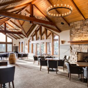 Wood T&G ceilings and accent timbers in dining room built by Kelowna commercial builder near me & Kelowna construction company near me
