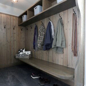 Wood boot room in ski chalet created by Big White custom chalet builder & Kelowna home builder & home designer