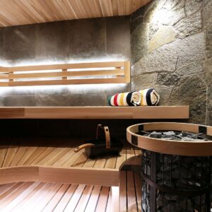 Custom cedar sauna design in ski chalet created by Big White custom chalet builder & Kelowna custom builder & home designer