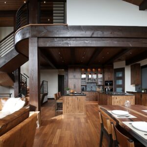 View of common living area in ski chalet designed by Big White chalet builder & Kelowna contract near me Weninger Construction & Design