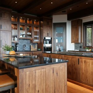 Granite countertops & wood cabinetry in custom kitchen built by Big White custom home builder & Kelowna custom home builder designer